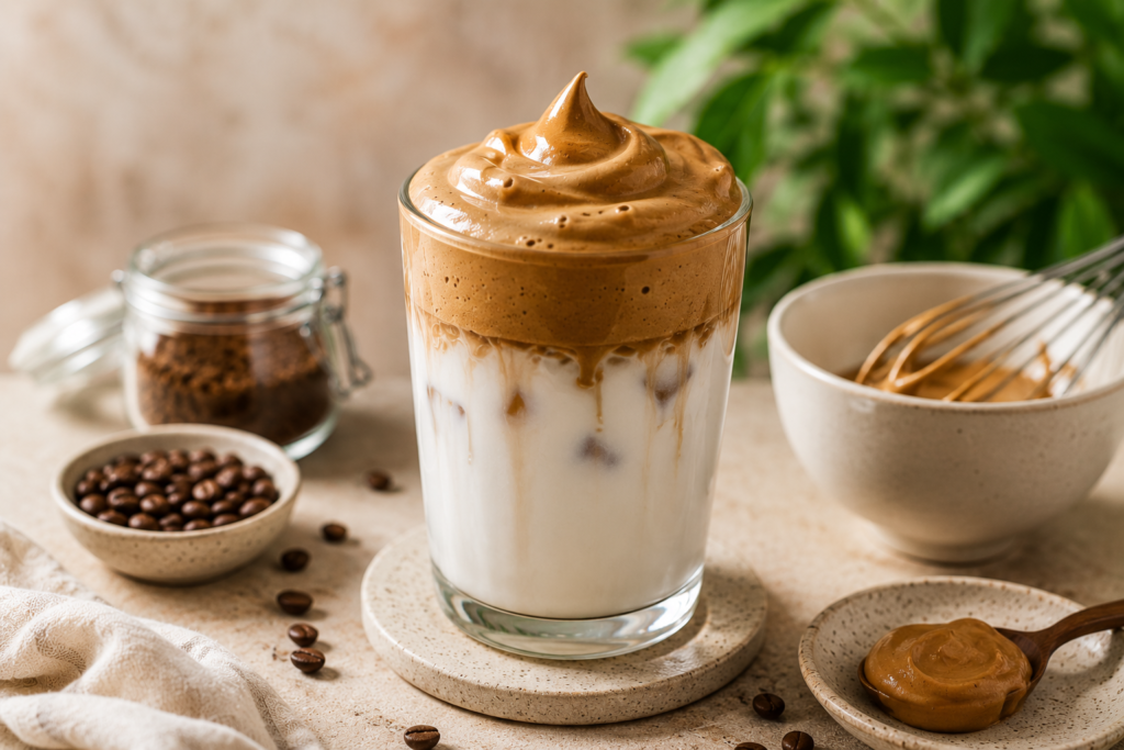 Dalgona coffee z puszystą pianką kawową i mlekiem z lodem