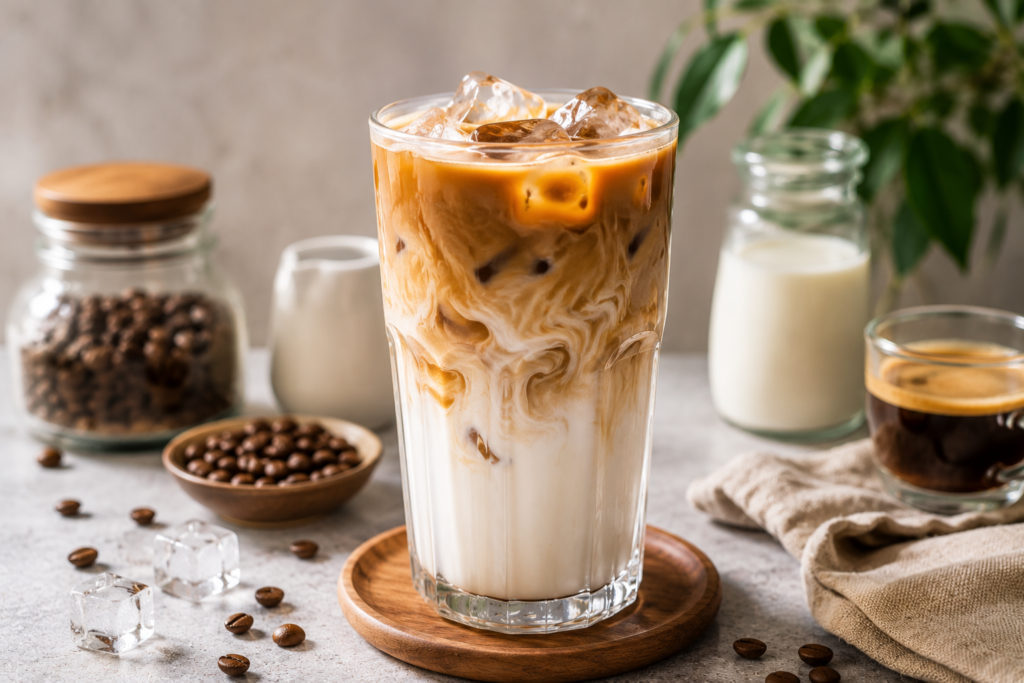 Iced latte z espresso, mlekiem i lodem – domowa kawa mrożona na lato
