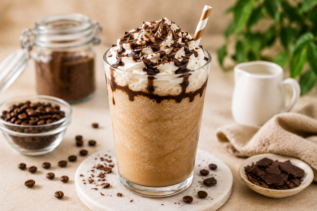 Domowe frappuccino z bitą śmietaną i czekoladą – mrożona kawa na lato