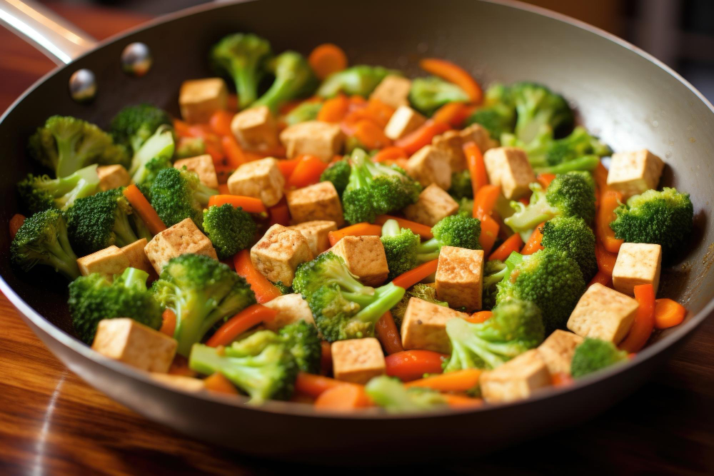 Kolorowe warzywa i tofu smażone w woku, podawane na woku z sezamem i świeżymi ziołami