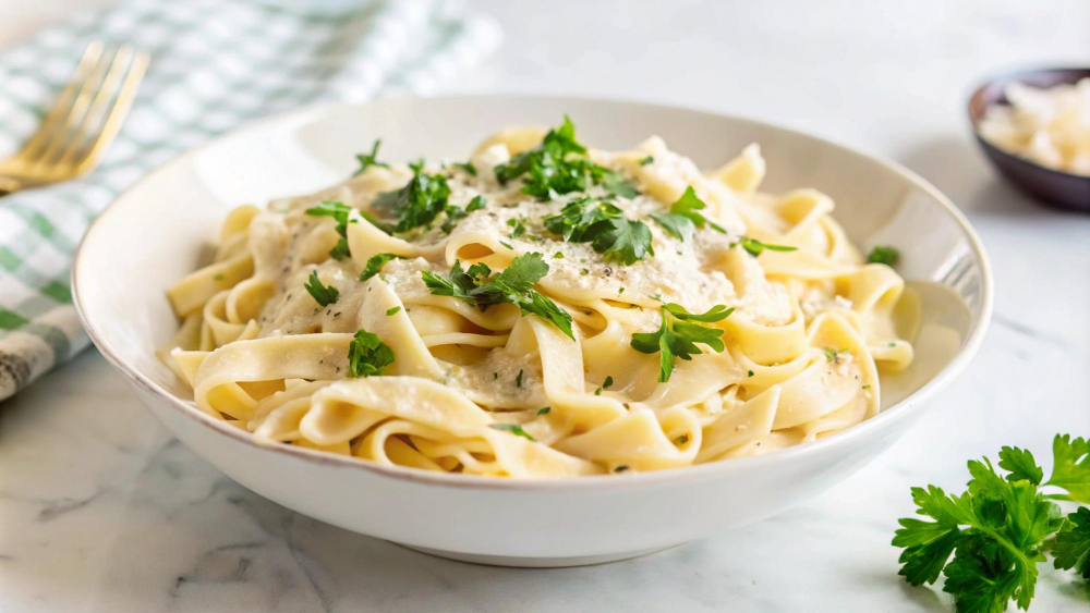 Tagliatelle z kremowym sosem borowikowym na talerzu