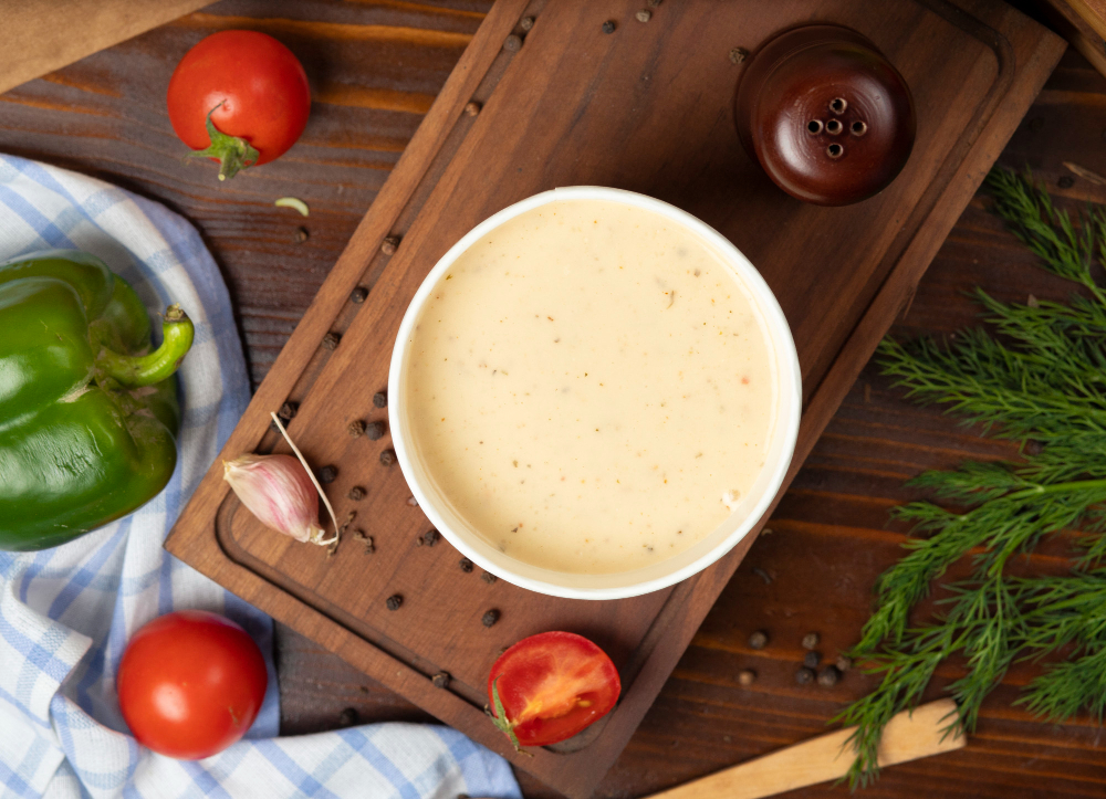 Domowy sos czosnkowy z jogurtem i majonezem w miseczce, podany z warzywami