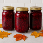 Buraczki z kapustą w słoikach, ustawione do góry nogami na kuchennym blacie z jesiennymi liśćmi