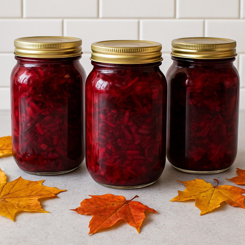 Buraczki z kapustą w słoikach, ustawione do góry nogami na kuchennym blacie z jesiennymi liśćmi