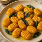 Dyniowe gnocchi z masłem i świeżą szałwią na talerzu, posypane parmezanem