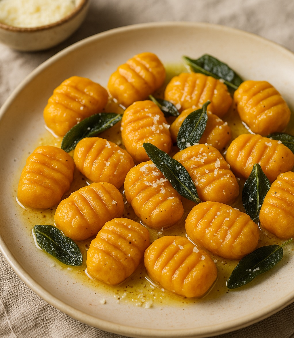 Dyniowe gnocchi z masłem i świeżą szałwią na talerzu, posypane parmezanem